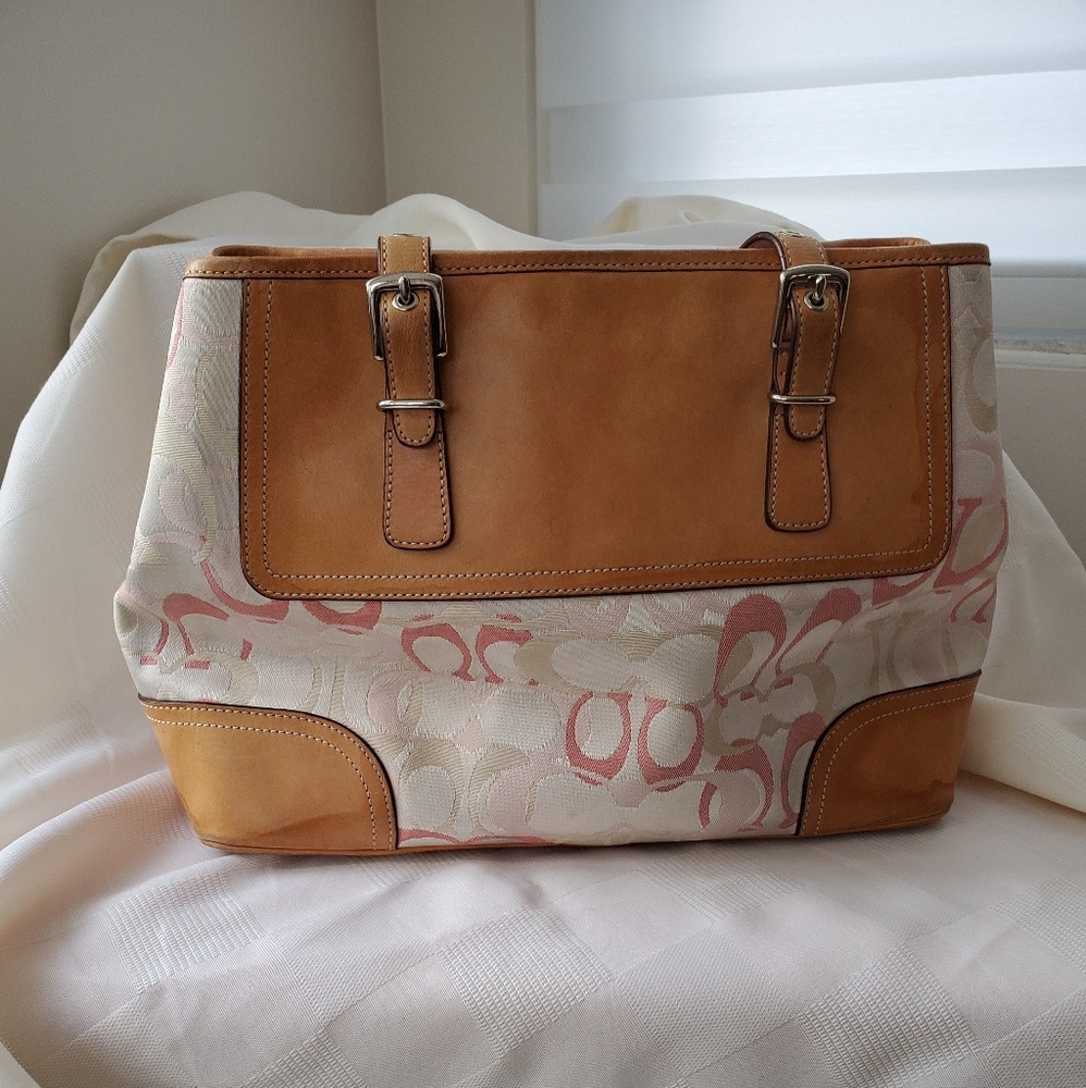 Coach Signature Pink Ivory Tan Vachetta Leather